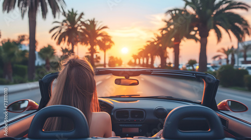 Happy beautiful blond young woman driving a sports car