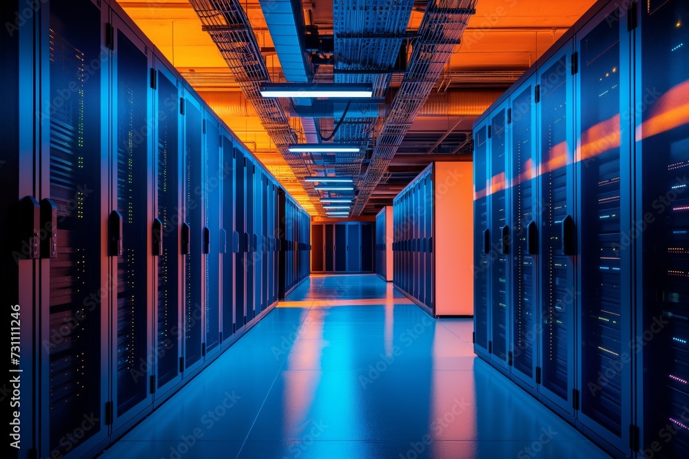 Data center room, Network panel, servers and data racks in data center Data center room, Network panel, servers and data racks in data center