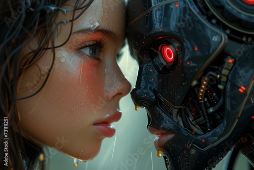 A curious woman gazes upon a robot, pondering the boundaries between human and machine