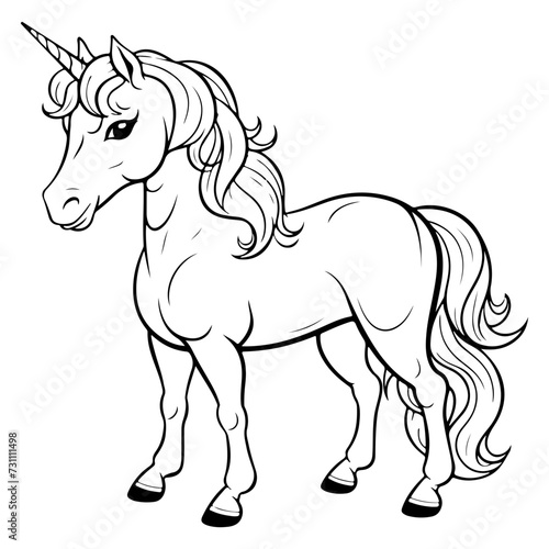 A monochrome vector illustration of a majestic unicorn standing gracefully  designed with flowing mane and tail  ideal for creative projects and merchandise design. 