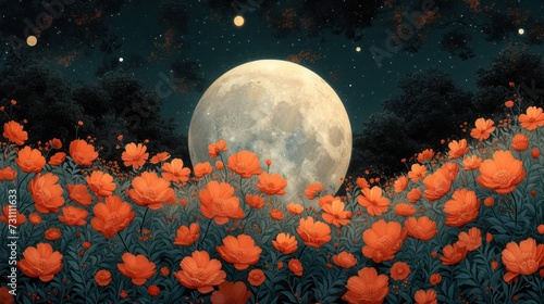 a painting of a full moon in the night sky over a field of flowers with a full moon in the background.