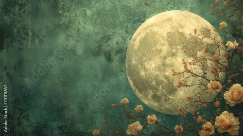 a painting of a full moon with pink flowers on a tree branch in front of a teal green background.