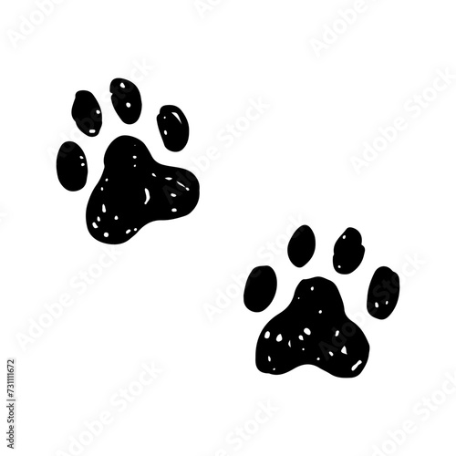 Textured grunge style animal paw prints. Cat, dog paw print. Wild animal track.