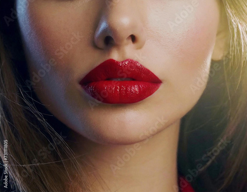 Fragment of a woman's face with visible, full lips with red lipstick.