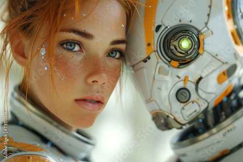 A freckled woman gazes up at a futuristic robot while donning a sleek astronaut pressure suit, showcasing the merging of humanity and technology in an indoor setting photo