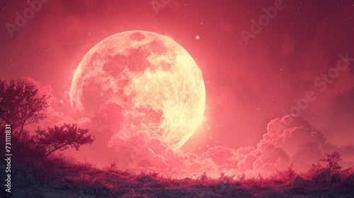a full moon in the sky with clouds and trees in the foreground and a red sky with clouds and trees in the foreground.