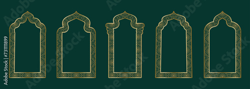 Gold arch frame shape Islamic door or window with geometric girikh pattern, silhouette Arabic arch. Luxury set in oriental style. Frames in Arabic Muslim design for Ramadan Kareem. Vector illustration