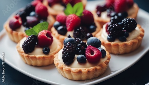 Fruit and berry tarts dessert tray assorted. Closeup of beautiful delicious pastry sweets with fresh
