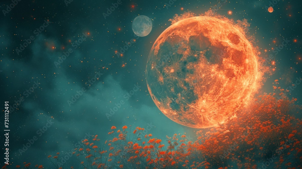 a large orange ball of fire floating in the air next to a tree filled with orange flowers and a full moon in the background. a large orange ball of fire floating in the air next to a tree filled with orange flowers and a full moon in the background.