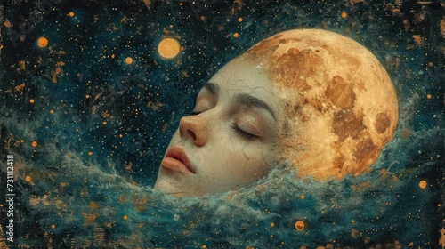 a painting of a woman's face with her eyes closed and a full moon in the sky above her. photo