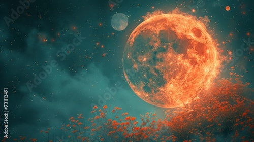 a large orange ball of fire floating in the air next to a tree filled with orange flowers and a full moon in the background. photo