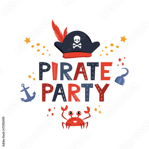 Vector illustration Pirate Party lettering with pirate's hat, scull and bones. Kids logo emblem. Textile fabric print. Vector illustration.