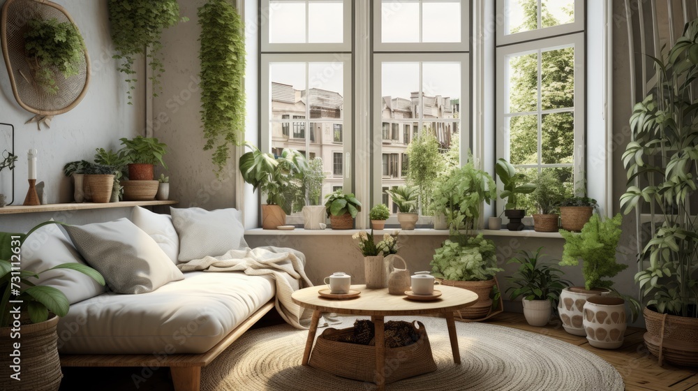 Fototapeta premium Scandinavian room with plants and a window.