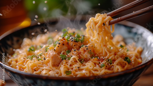 Asian noodles with meat and vegetables in a bowl on a wooden table