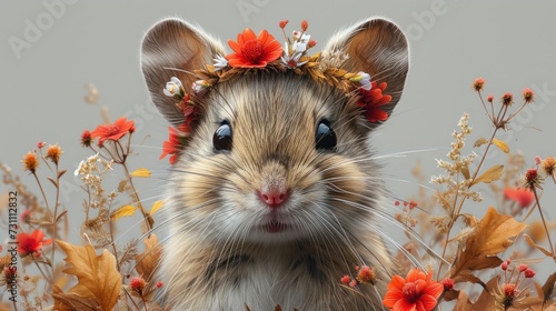 a mouse with a flower crown on it's head sitting in a field of red and yellow wildflowers.