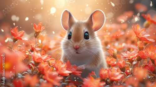 a close up of a mouse in a field of flowers with a blurry background of orange and red flowers. © Nadia