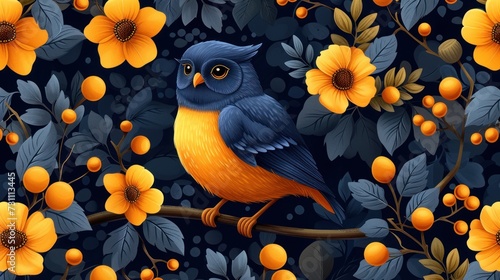 a blue and orange bird sitting on a branch of a tree with yellow flowers and leaves on a dark background. photo