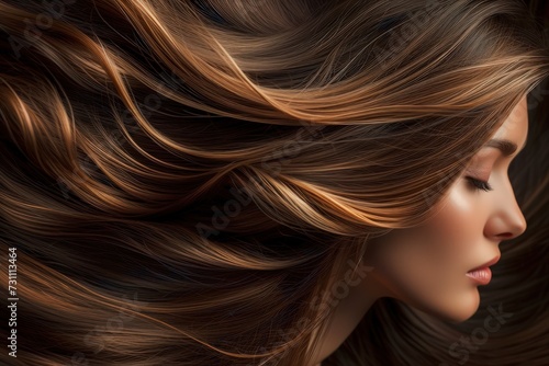 side portrait, close-up of a woman with shiny, healthy brunette hair - ai-generated