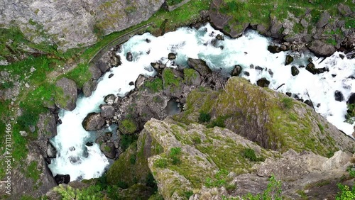 Aerial view of the deep gorge under the zipline in the canyon of Pre-Saint-Didier park, Aosta, Italy  photo