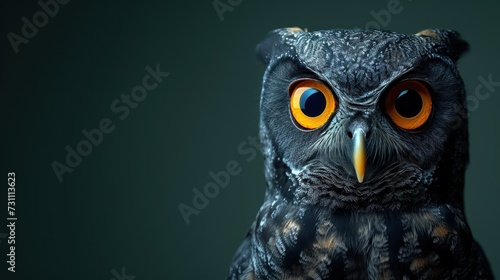 a close up of an owl's face with an orange and yellow eyeball in the center of the owl's head.