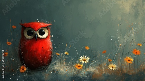 a painting of a red owl sitting in a field of daisies and daisies with daisies in the foreground. photo