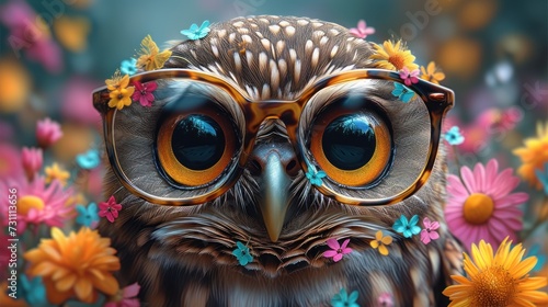 a close up of an owl wearing glasses with flowers on it's head and in front of it's eyes.