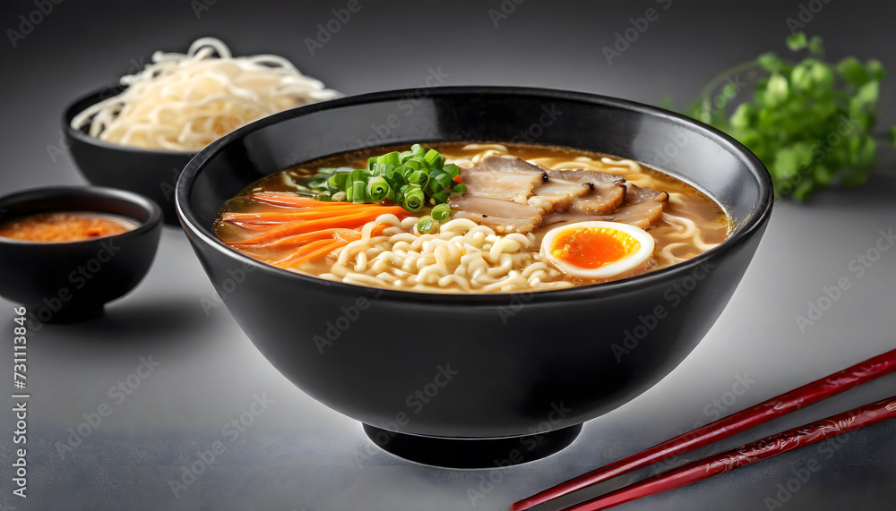 Ramen soup with egg in black soup bowl and decorative chopsticks Ramen soup with egg in black soup bowl and decorative chopsticks