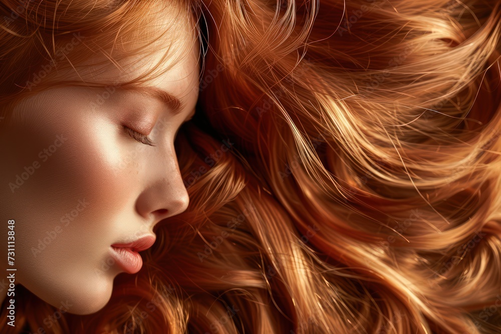 side portrait of a woman with wavy shiny, healthy ginger red hair - ai-generated side portrait of a woman with wavy shiny, healthy ginger red hair - ai-generated
