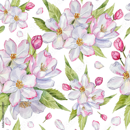 Spring seamless pattern with watercolor hand-painted elements. Spring pattern with apple blossom flowers on a transparent background.