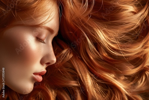 side portrait of a woman with wavy shiny, healthy ginger red hair - ai-generated