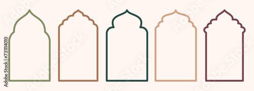 Shape Islamic door and window silhouette Arabic arch. Collection of patterns in oriental style. Frames in Arabic Muslim design for Ramadan Kareem. Vector mosque gate stroke isolated on white