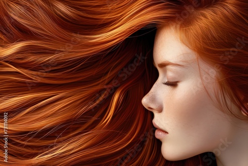 side portrait, close up of a woman with shiny, healthy red hair - ai-generated