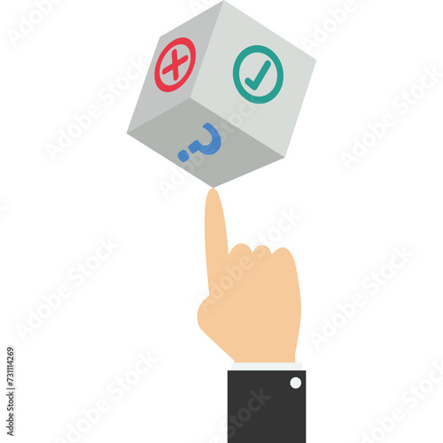 unknown or uncertain concept, Random or chance to win, gamble, risk management or opportunity analysis, future prediction, a businessman with magnifying glass analyzing dice with a question mark.