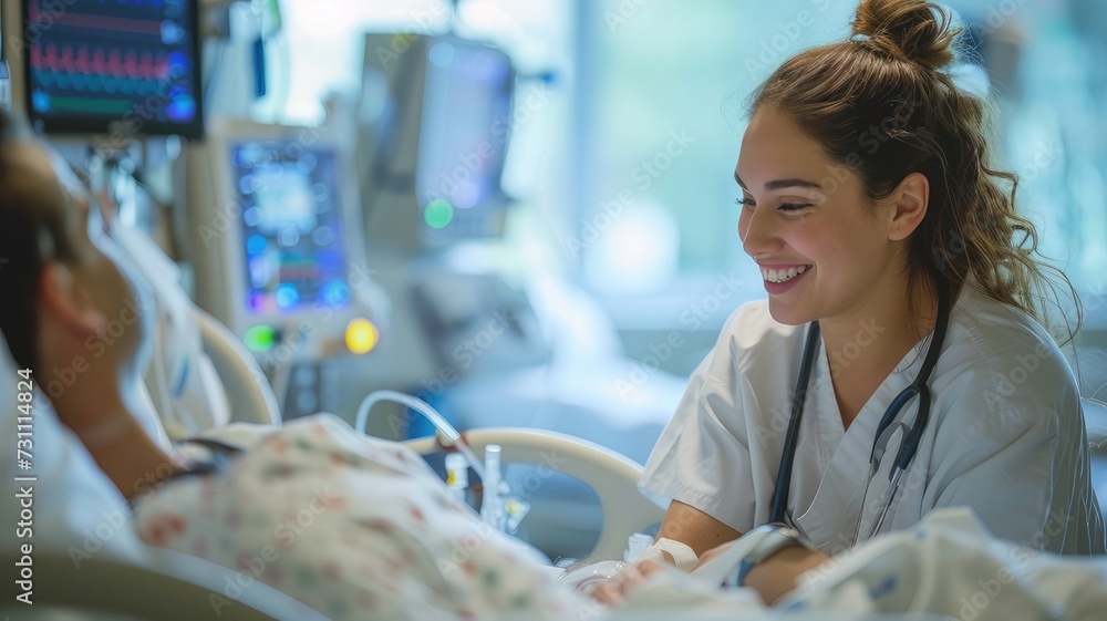 nurse checking vital signs of a patient in a hospital room, attentive ...