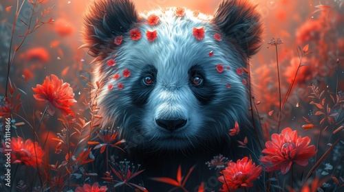 a painting of a black bear with red flowers on its head in a field of red and white daisies.