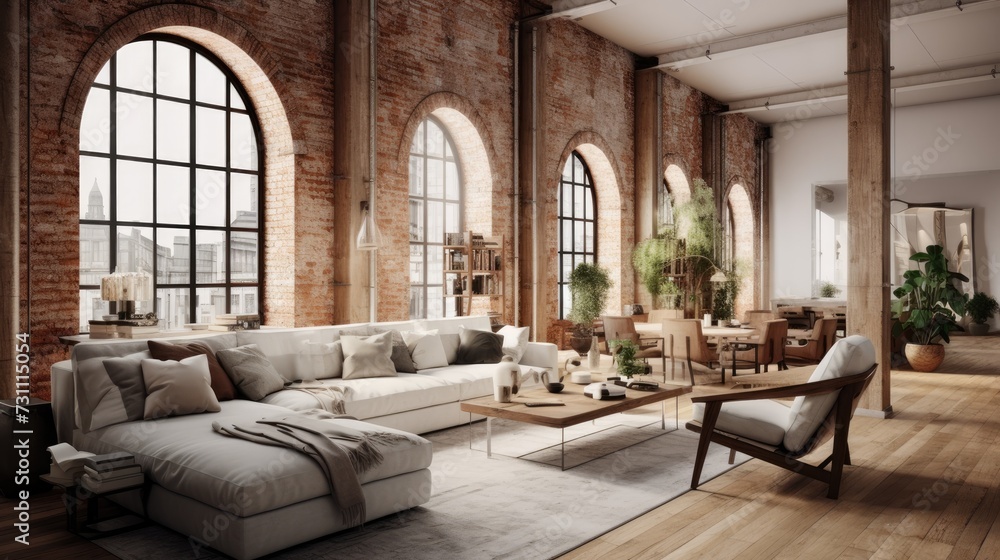Stylish loft studio apartment with modern fashionable interior and chic furniture, adorned with brick, marble, and wood, featuring white walls and wooden columns.