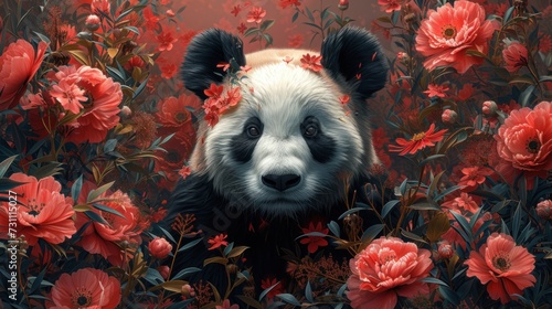 a painting of a panda in a field of flowers with red flowers in the foreground and a black and white panda in the background. photo