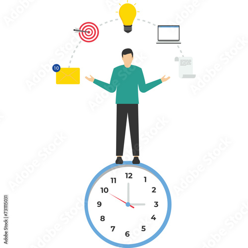 Productive man, productive businessman balancing time managing multiple tasks. multitasking or time management, productivity or entrepreneurship, work efficiency, or managing schedules.