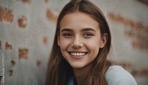 Happy teenage girl wearing braces by female friend against wall © Adi