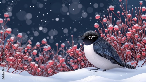 a black and white bird sitting on top of a snow covered ground next to a bush with red and white flowers. photo