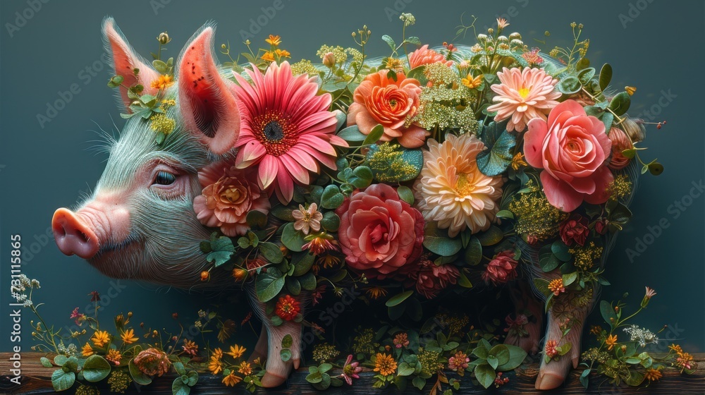 a pig with flowers on it's back and a bunch of flowers on top of it's back.