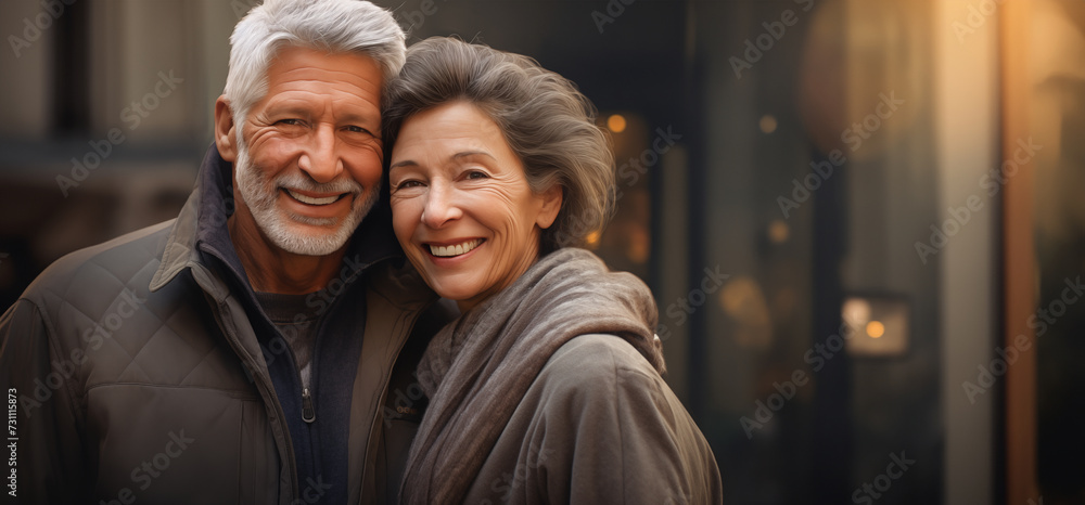 Un couple senior, heureux, amoureux, dans un centre ville, image avec espace pour texte.