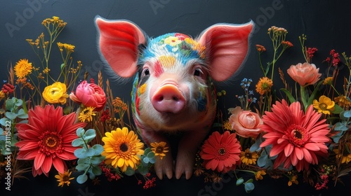 a painting of a pig in a field of flowers and daisies with wildflowers in the foreground.