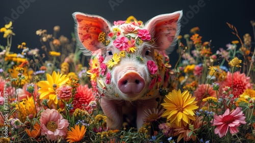 a pig with flowers on it's head is sitting in a field of wildflowers and daisies.