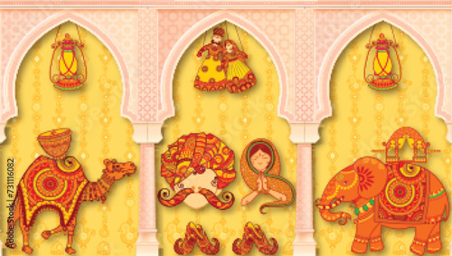Beautiful Mughal arch, palace, peacocks, parrot, garden, mountain illustration for wallpaper. Culture of Rajasthan in Indian art style. Vector File.