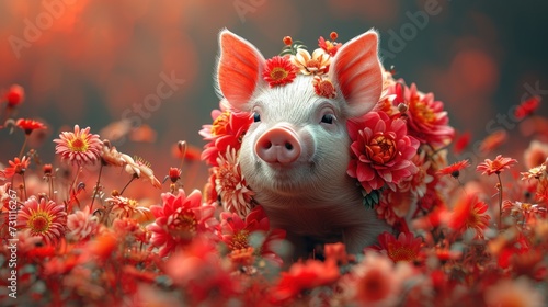 a pig with a flower crown on its head standing in a field of red and yellow flowers and daisies.