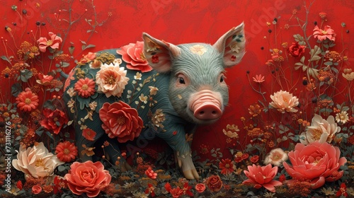 a painting of a pig with flowers on it's back and a red wall in the background with flowers all over it.