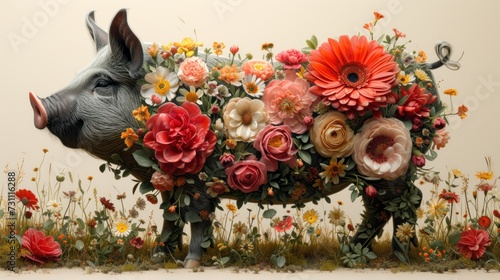 a pig with a bunch of flowers on it's back is standing in front of a field of flowers.