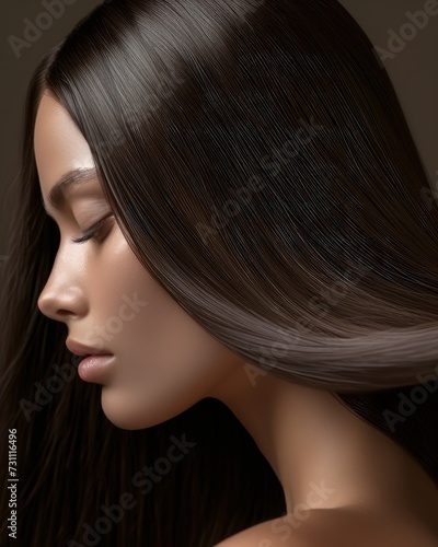 side portrait of a woman with healthy shining bunette hair - ai-generated