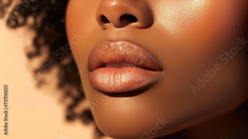Close up view of beautiful woman glossy lips and smooth skin, macro shot of a beauty's bottom face.